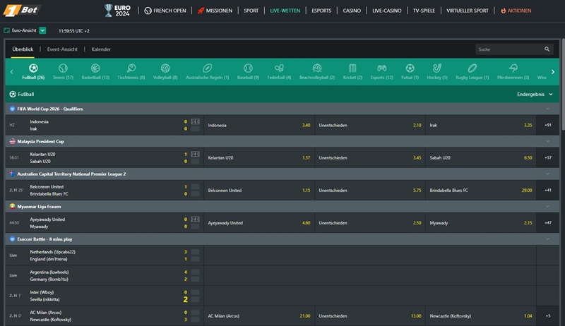 Screenshot des Wettangebots bei 1bet