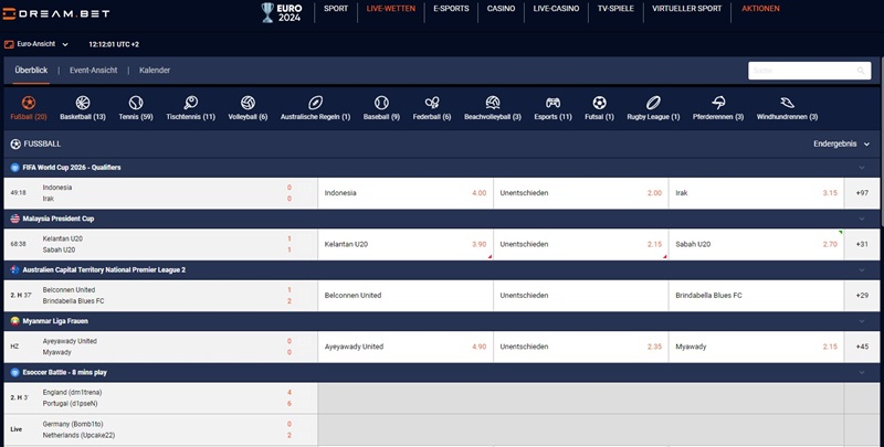 Screenshot des Sport-Angebots bei Dreambet