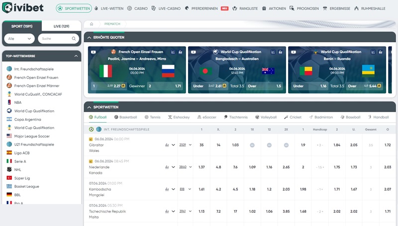 Screenshot des Sport-Angebots bei Ivibet