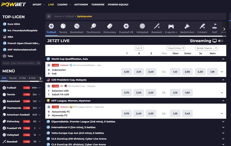 Screenshot des Sport-Angebots bei Powbet